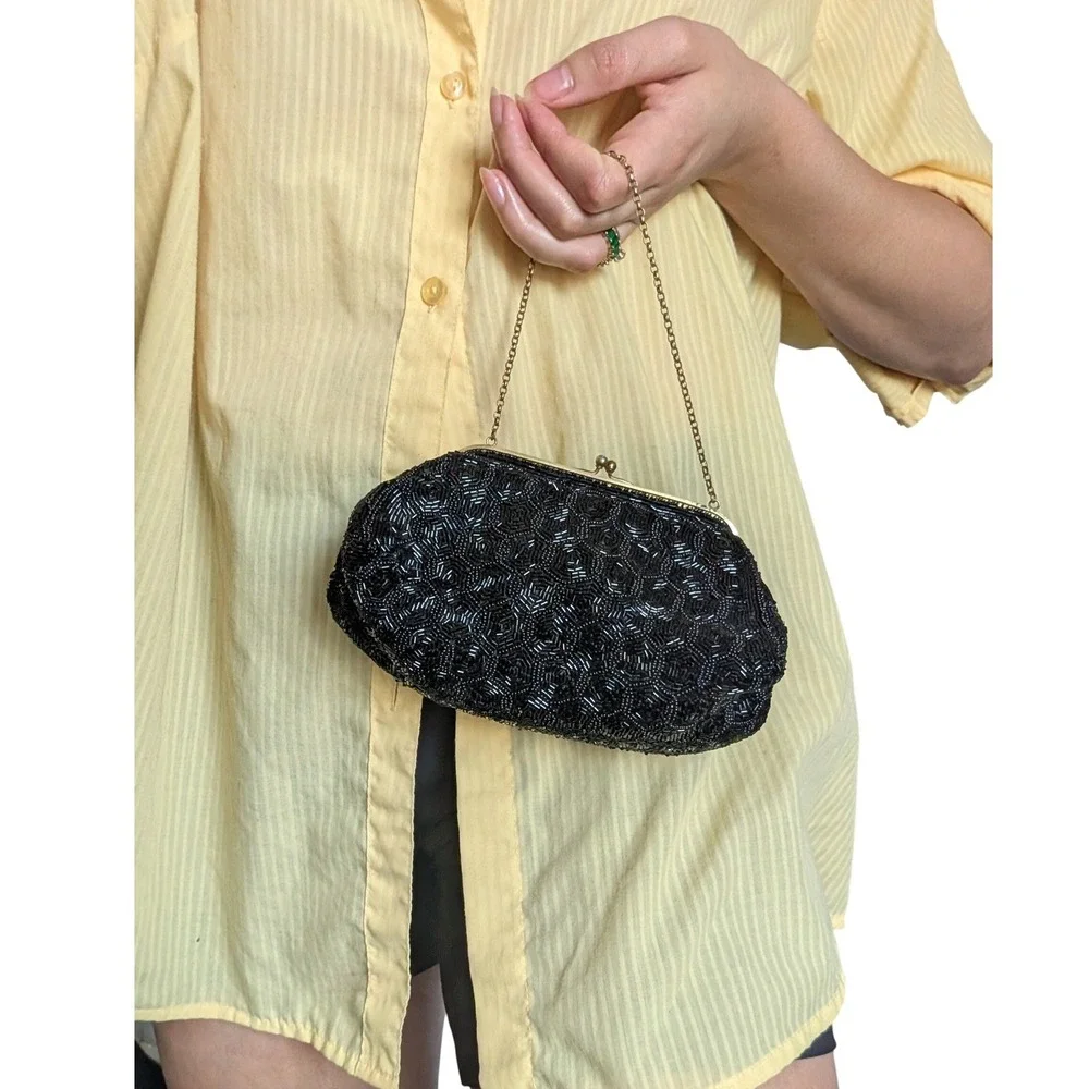 Vintage 1940s French Mid Century Black Luxury Hand-Beaded Kiss-lock Clutch